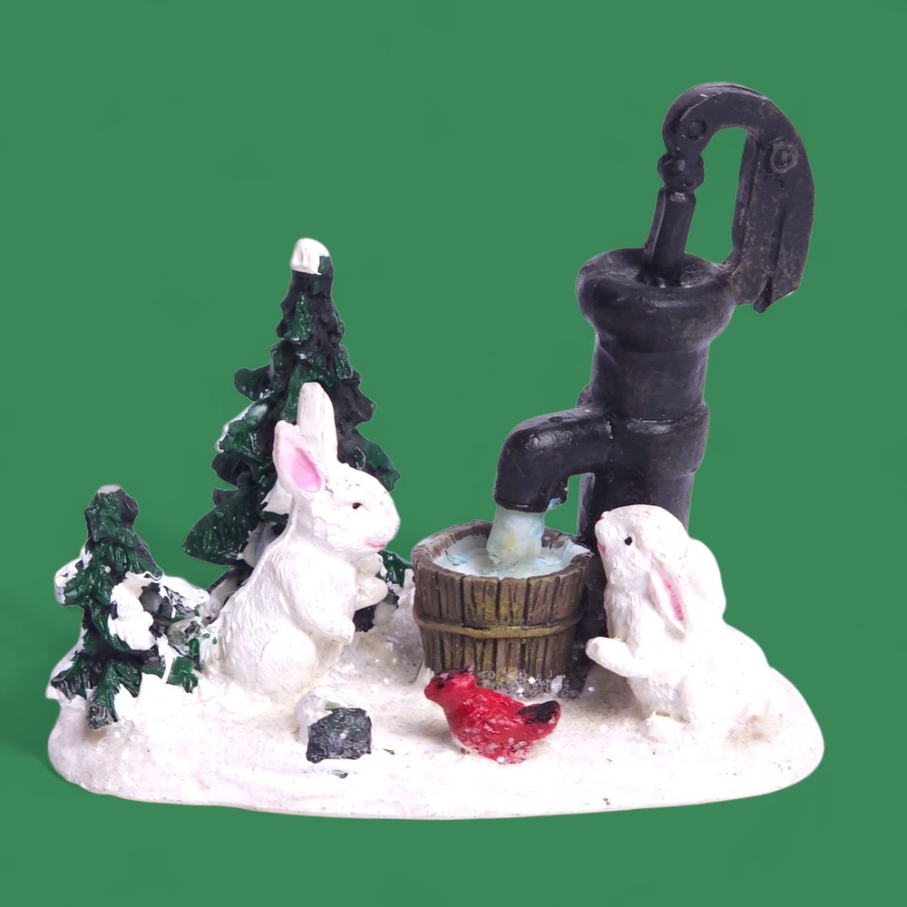 VTG Christmas Village Figurine Water Pump Bunnies Cardinal Bird Resin Snow